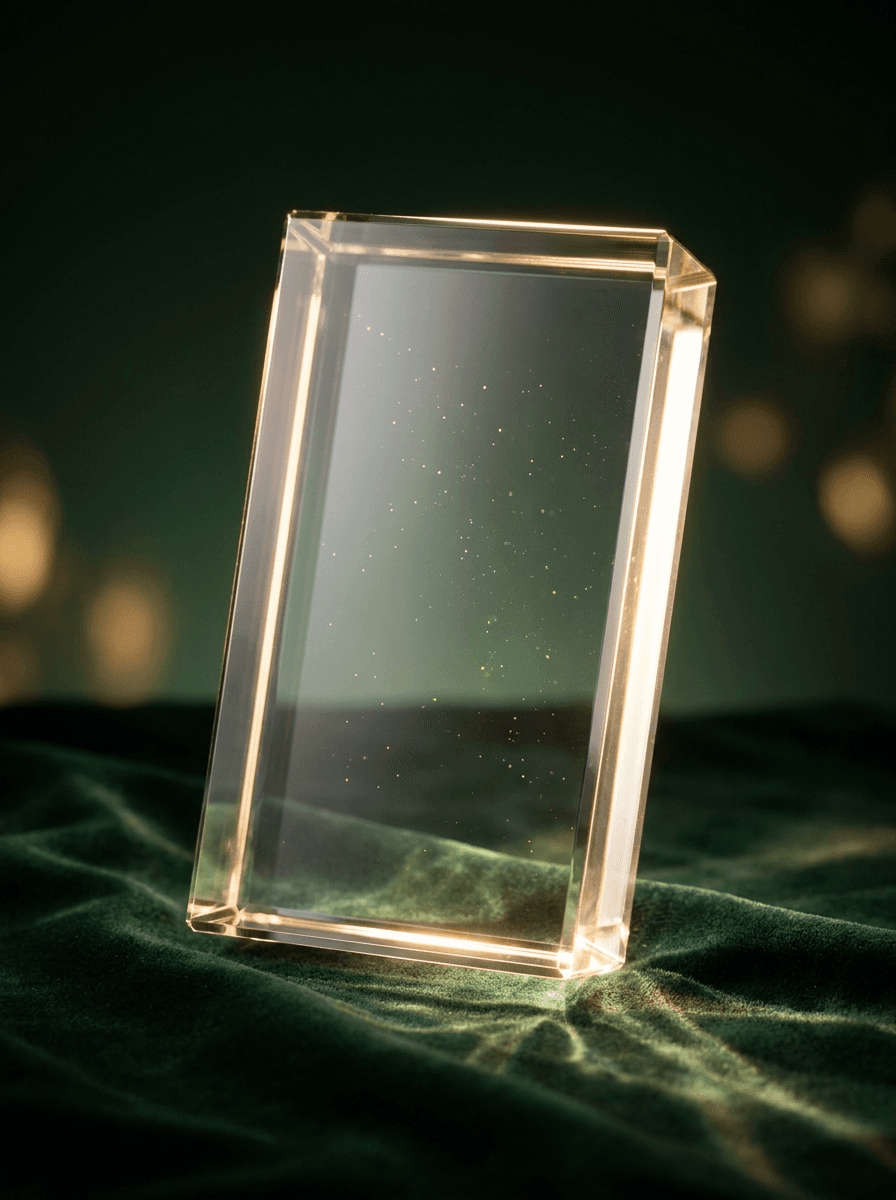 A refracting crystal catching gold light on a deep forest ground