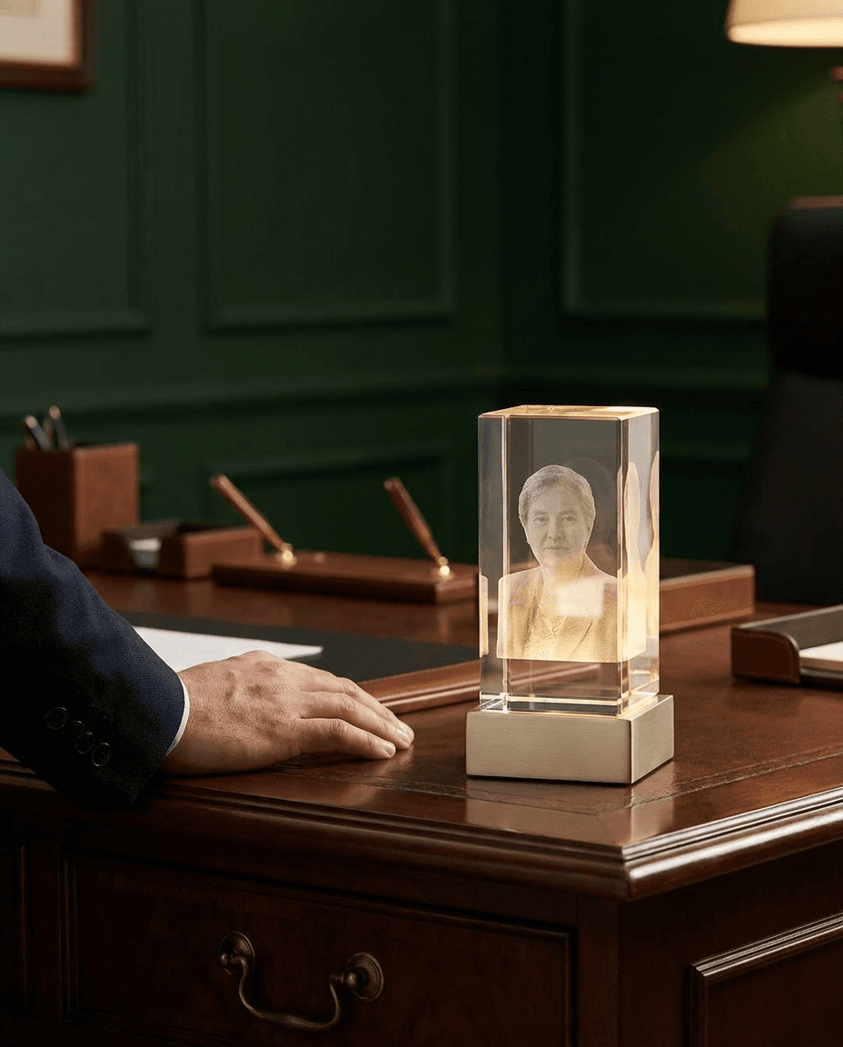A single lit crystal award catching brass light on a dark ground
